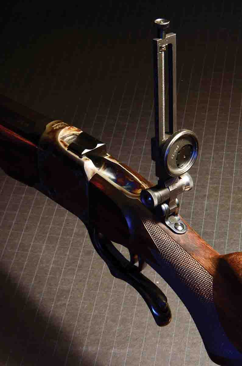 This Ruger No. 1 long-range rifle chambered for the .40-70 Sharps Straight was heavily customized by Danny Pedersen, including extending the tang to accommodate a new-production Browning receiver sight. The Hadley adjustable eyecup was made by Lee Shaver Gunsmithing.